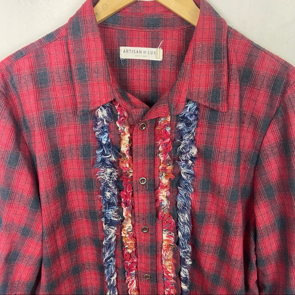 Anthropologie Artisan De Luxe Plaid Ruffle Shirt Red Western Bohemian Size Large - Picture 3 of 8